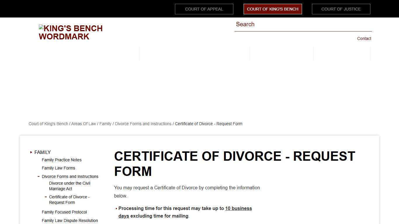 Certificate of Divorce - Request Form